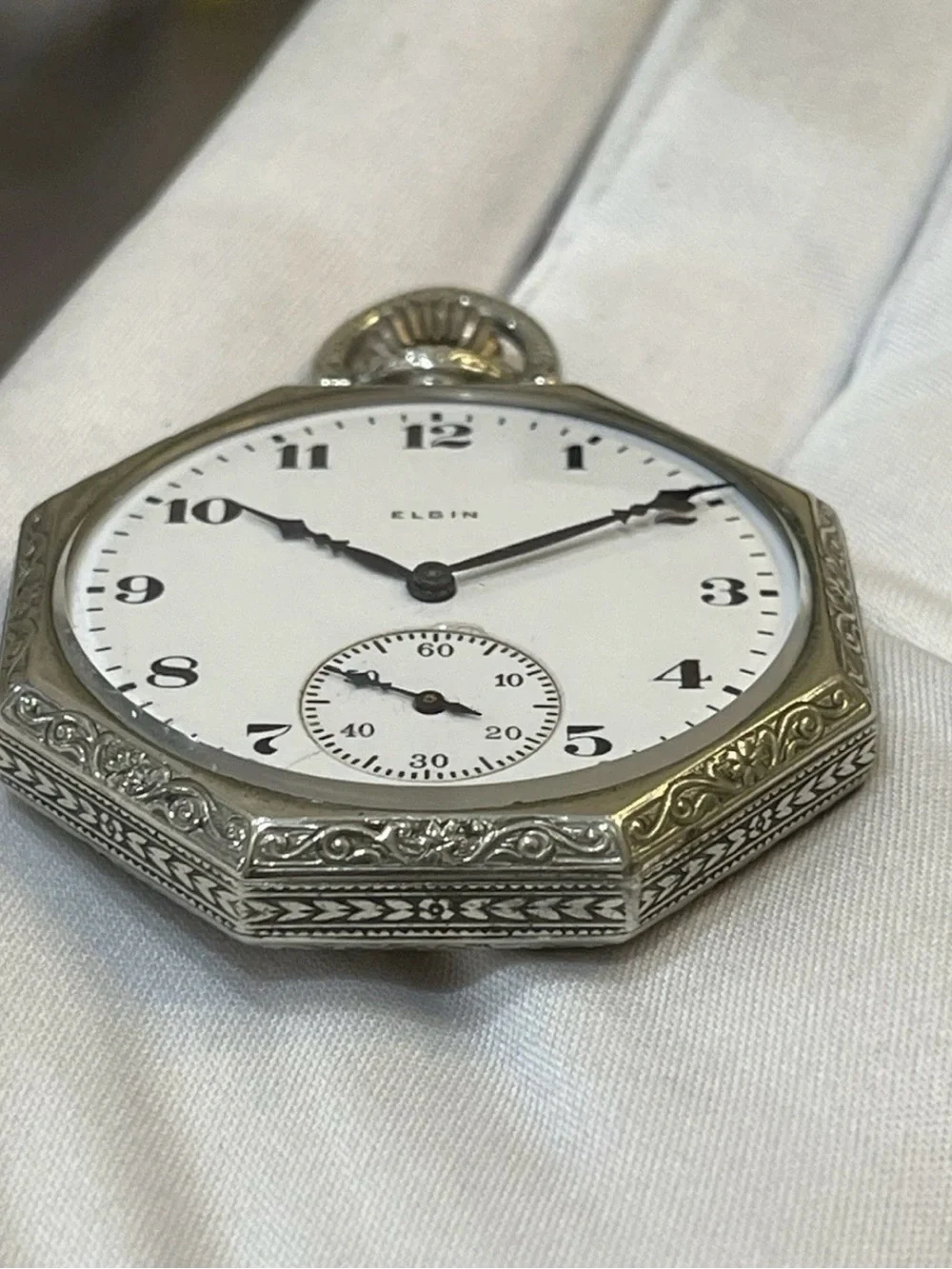 1924 Elgin Art Deco Pocket Watch 17J 12s Octagon RUNS Illinois Spartan Knife Set
